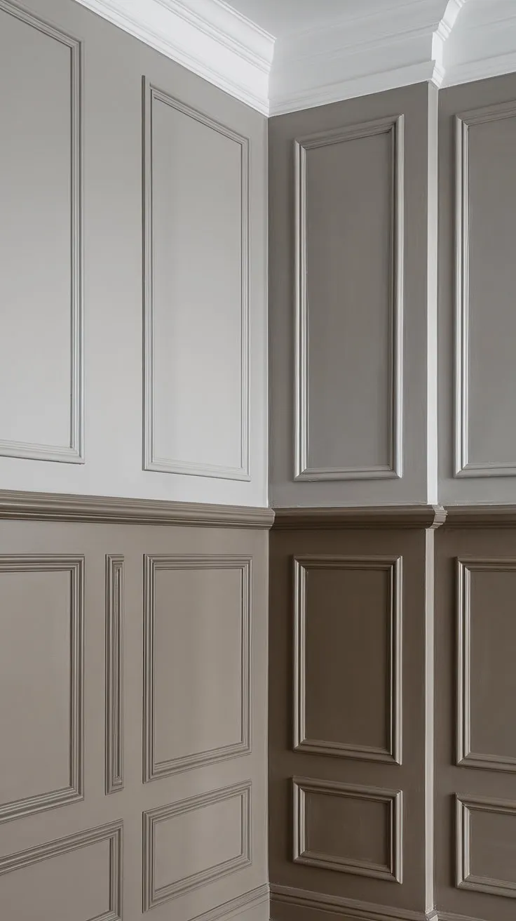 This stunning example of painted wainscoting demonstrates the power of a simple yet effective design choice. The light wainscoting dark walls combination creates a visually striking effect, while the textured finish of the wainscoting adds depth and interest.  Explore paint colors with wainscoting and discover how this elegant, monochrome painted walls and trim scheme, featuring a beautifully executed wainscoting contrast color, can transform your own space.