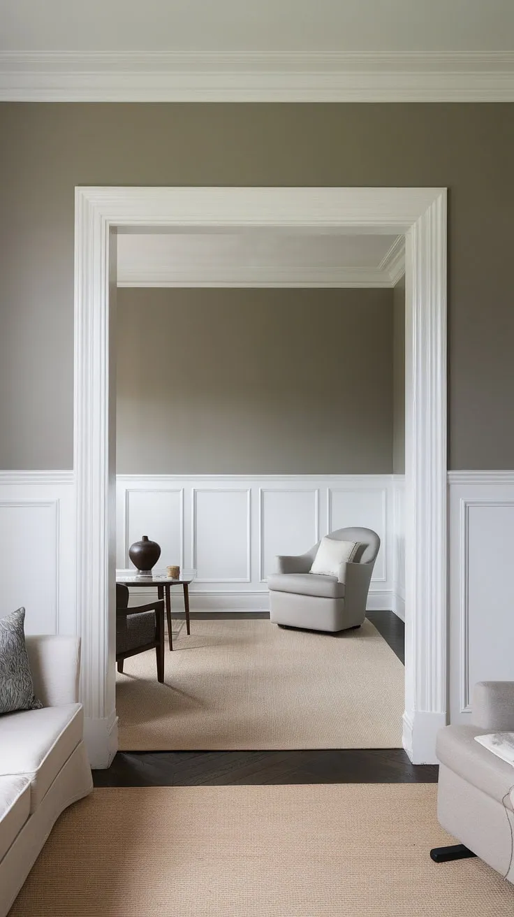 This living room's design is a masterclass in understated luxury. The dark wainscoting ideas are beautifully executed with the painted wainscoting providing a striking contrast against the monochrome painted walls and trim.  The choice of paint colors with wainscoting, particularly the tone-on-tone wainscoting, is both modern and timeless, offering a wealth of inspiration for your next home project.