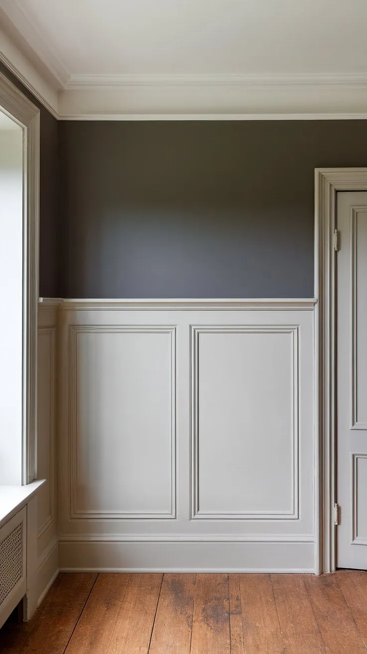 The subtle elegance of this room speaks volumes.  The tone-on-tone wainscoting, a light gray against a darker gray, creates a sophisticated monochrome painted walls and trim effect.  This two-color wainscoting showcases a perfect example of wainscoting contrast color, offering endless wainscoting paint ideas.  Note the crisp white trim, a trending trim color that elevates the design.