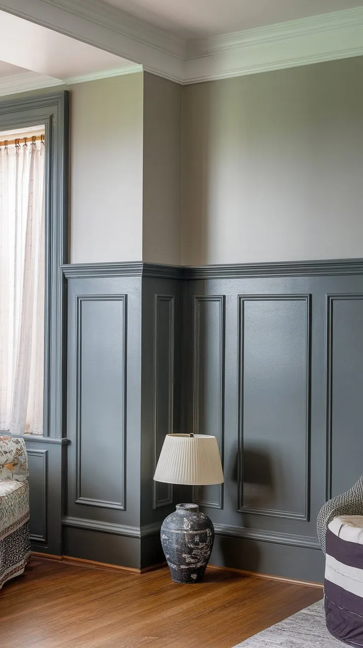 Subtle sophistication meets modern design in this space.  The dark gray wainscoting creates a striking contrast against the light gray upper walls, a clever use of light wainscoting dark walls. This wainscoting paint ideas project demonstrates the impact of a simple two-color wainscoting scheme. The white trim, a classic choice among trending trim colors, perfectly frames the monochrome painted walls and enhances the overall wainscoting contrast color.