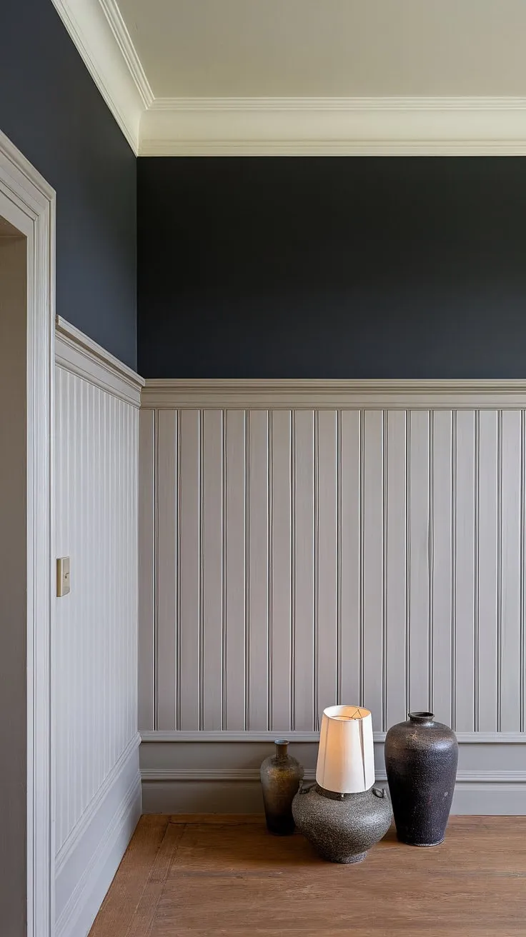 This stunning room showcases the transformative power of a two-color wainscoting.  The light wainscoting, a perfect example of tone-on-tone wainscoting, creates a striking contrast against the dark walls, highlighting the monochrome painted walls and trim.  This wainscoting paint idea, featuring trending trim colors, is a masterclass in wainscoting contrast color and offers endless paint colors with wainscoting possibilities.