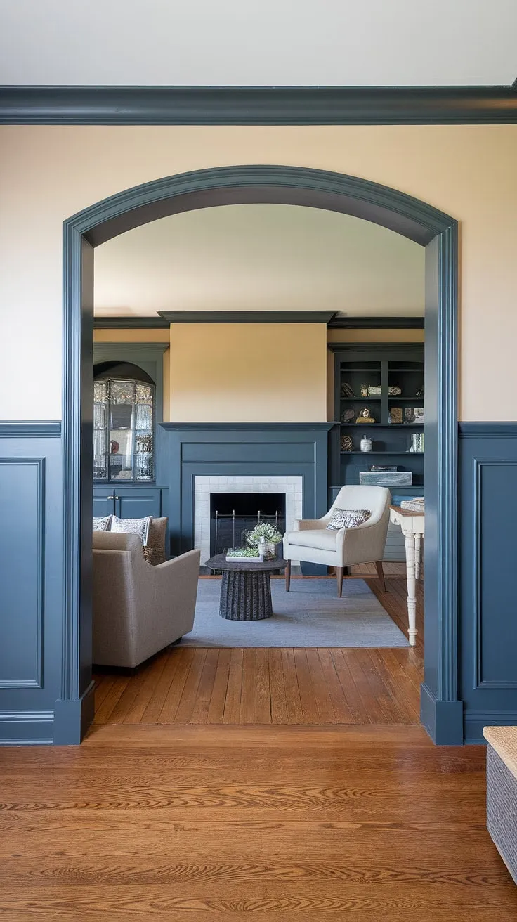 Elegant and refined, this space utilizes a painted wainscoting design to maximize impact. The light wainscoting and dark walls offer a striking visual contrast, while the carefully chosen monochrome painted walls and trim create a cohesive feel.  Explore these dark wainscoting ideas and discover how a simple two-color wainscoting can elevate your home's style, showcasing the best of trending trim colors.