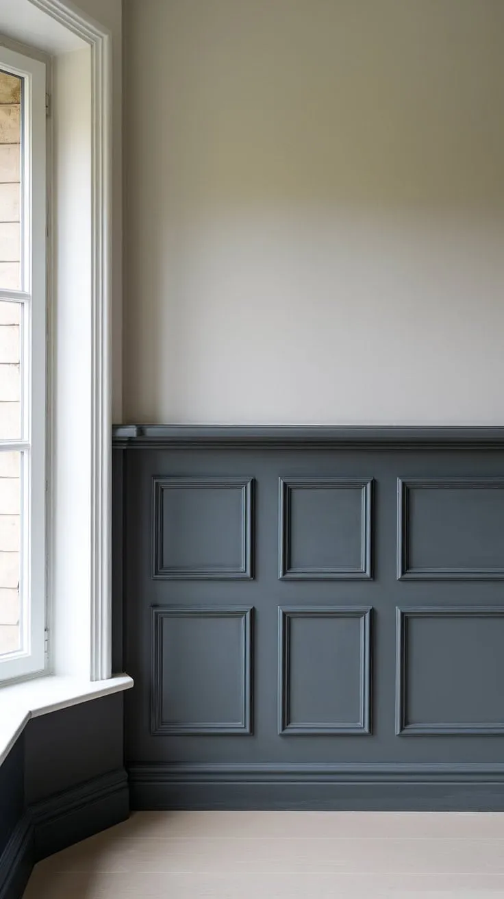 Light wainscoting dark walls?  Think again. This room proves that a dark gray painted wainscoting can be incredibly sophisticated. The wainscoting contrast color, paired with light gray walls and bright white trim, creates a modern and airy feel.  This stunning example of wainscoting paint ideas and trending trim colors demonstrates the versatility of two-color wainscoting and offers inspiration for your own dark wainscoting ideas.