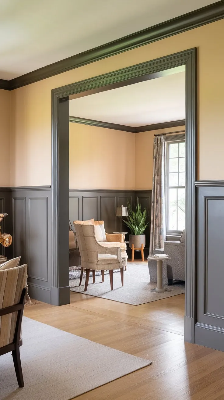 Subtle sophistication meets modern charm in this living room. The monochrome painted walls and trim create a serene backdrop, while the tone-on-tone painted wainscoting, accented by a wainscoting contrast color, adds depth and visual interest.  This two-color wainscoting showcases clever wainscoting paint ideas, proving that light wainscoting dark walls can be incredibly stylish.  The trending trim colors perfectly complement the overall design.