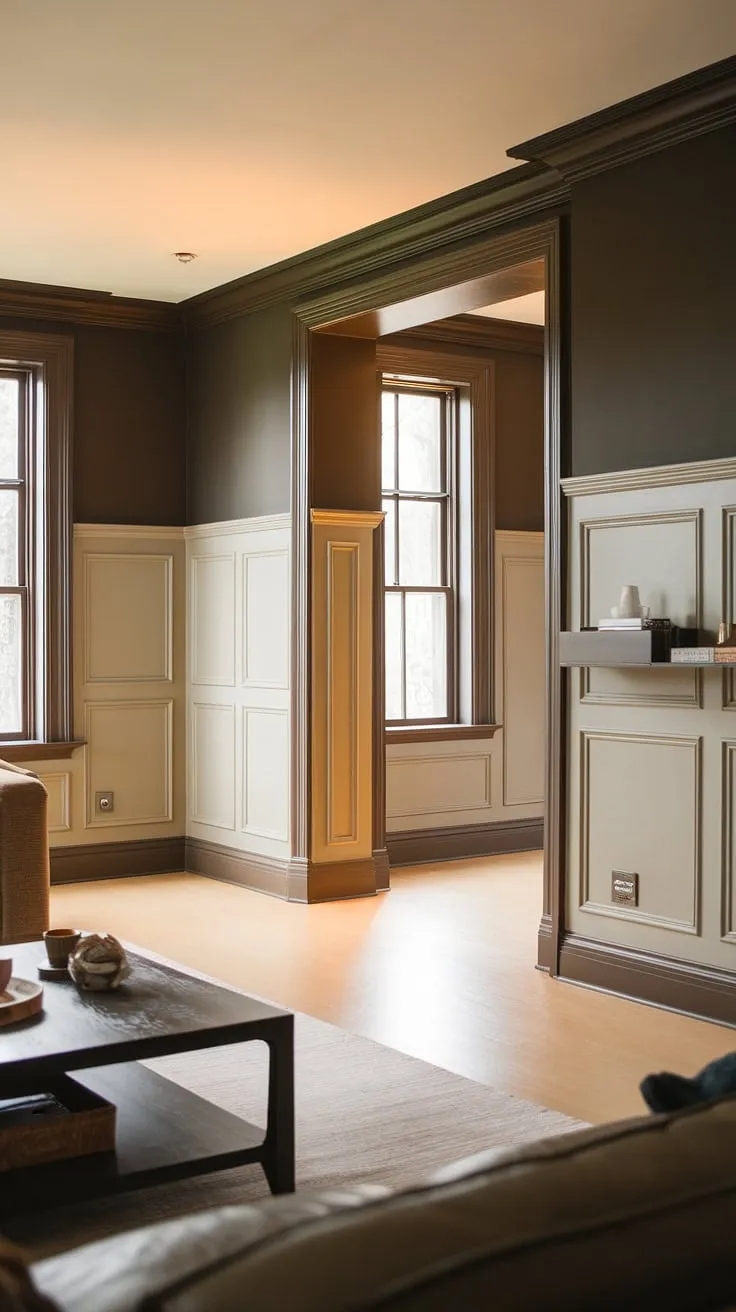 This living room's design is a masterclass in wainscoting contrast color. The light beige painted wainscoting, a subtle yet impactful tone-on-tone wainscoting choice, is dramatically set against the dark grey monochrome painted walls and the rich dark brown trim.  This striking combination offers inspiration for wainscoting paint ideas and showcases how effective light wainscoting dark walls can be, while also demonstrating the elegance of dark wainscoting ideas and the impact of trending trim colors.