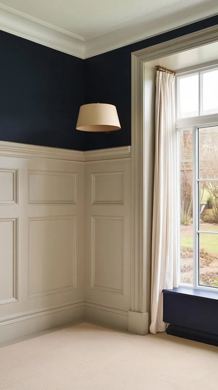 The subtle elegance of this room speaks volumes.  The tone-on-tone wainscoting, a light beige against a dark navy blue, creates a sophisticated wainscoting contrast color. This monochrome painted walls and trim scheme, with its trending trim colors of crisp white, showcases clever wainscoting paint ideas.  The light wainscoting dark walls combination is effortlessly chic, offering inspiration for dark wainscoting ideas and paint colors with wainscoting.