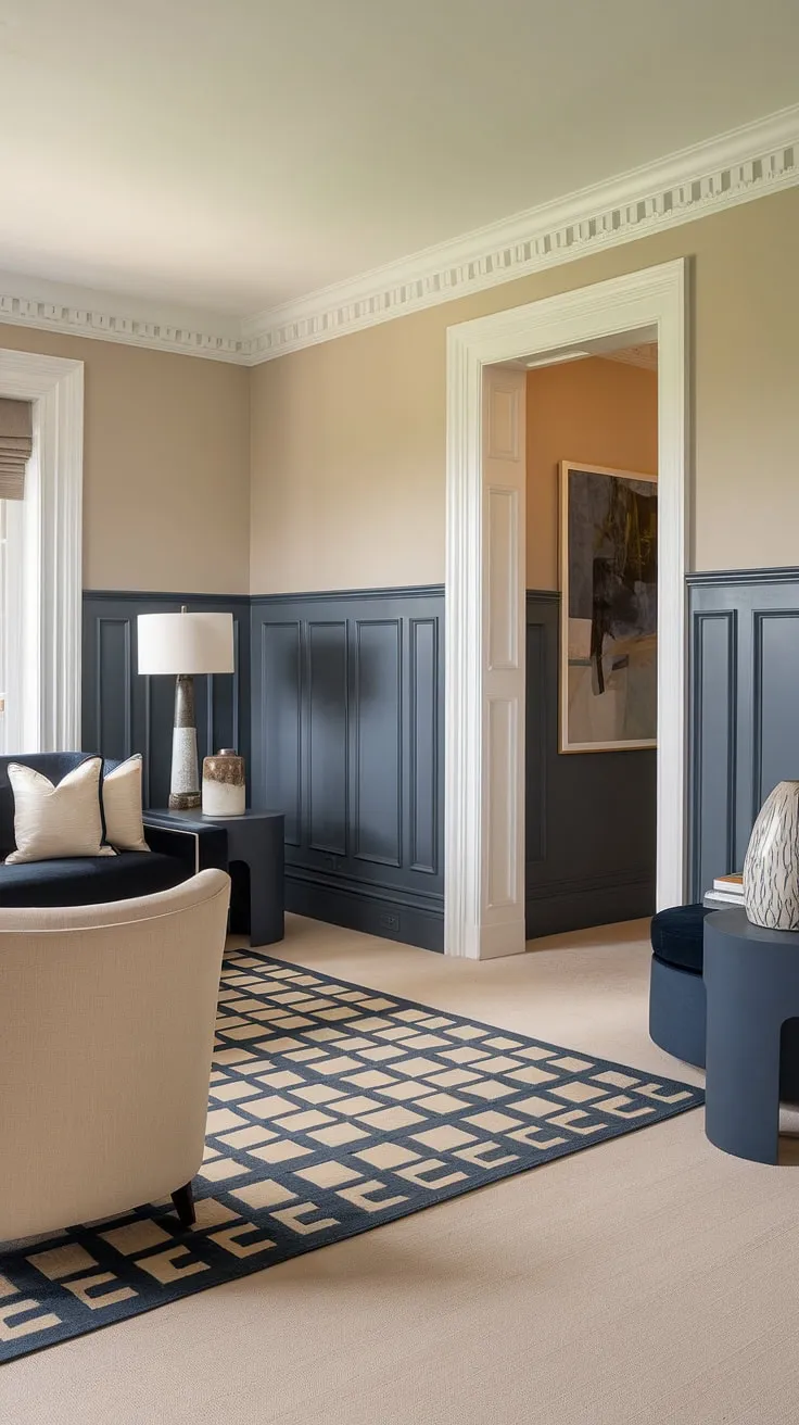 The subtle drama of this living room is all in the details:  a striking wainscoting contrast color achieved with a rich blue painted wainscoting against a lighter beige wall. This two-color wainscoting, a perfect example of dark wainscoting ideas, is elevated by the monochrome painted walls and trim. The light wainscoting dark walls combination is effortlessly chic, showcasing trending trim colors and offering inspiration for your own wainscoting paint ideas.  The result? A sophisticated space where tone-on-tone wainscoting takes center stage.