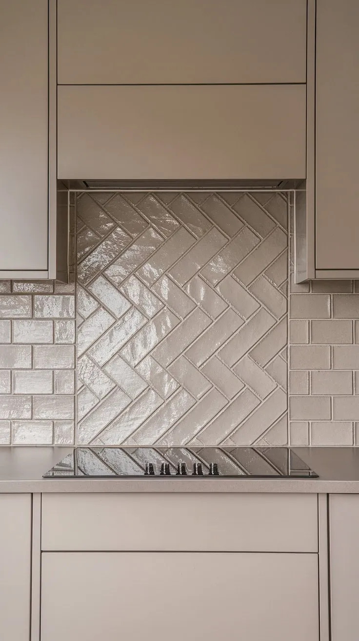 This modern neutral kitchen boasts a stunning taupe cabinet backsplash, featuring a glossy herringbone pattern of textured square tile.  The simple stove backsplash in white provides a clean contrast, while the pantry backsplash (not pictured) could easily complement this sophisticated modern neutral kitchen backsplash.  The textured tile backsplash adds depth and visual interest, a perfect example of a neutral kitchen backsplash done right.  A blue tile backsplash might be considered for a future update, but for now, this square tile backsplash is perfection.