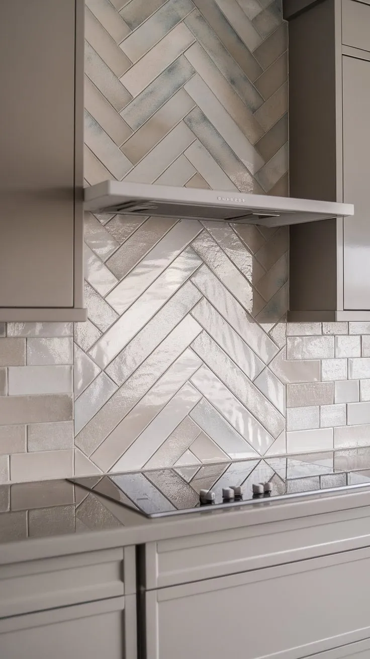 Clean lines and subtle elegance define this neutral kitchen backsplash. The modern neutral kitchen backsplash, a breathtaking glossy herringbone pattern in square tile, features a captivating interplay of taupe, white, and hints of blue.  The textured tile backsplash extends from the taupe cabinets, creating a striking backdrop for the simple stove backsplash.  This stunning pantry backsplash and blue tile backsplash are the epitome of understated luxury.