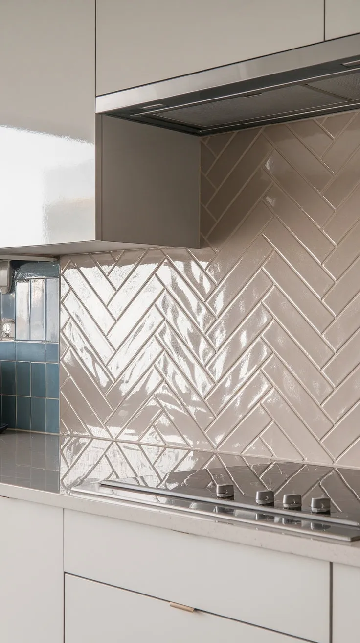 This neutral kitchen backsplash is a study in subtle sophistication. The square tile backsplash, featuring a glossy herringbone pattern and textured tile backsplash, creates a stunning focal point.  The taupe cabinet backsplash beautifully contrasts with the white cabinetry, while the simple stove backsplash, accented with a pop of blue tile backsplash, adds a playful touch.  A modern neutral kitchen backsplash done right.