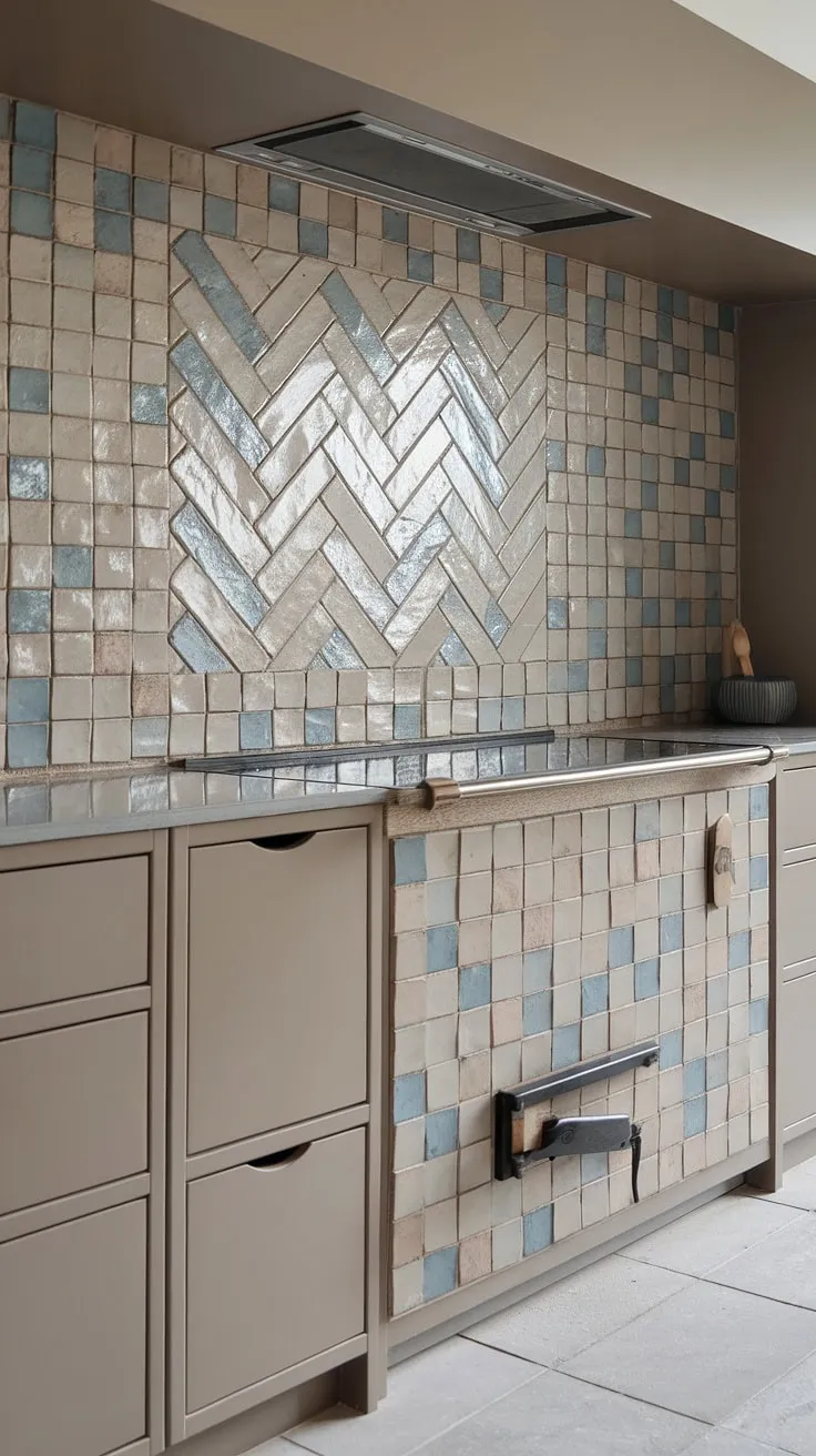 The glossy herringbone backsplash, a stunning blend of taupe and blue textured square tiles, elevates this modern neutral kitchen.  The simple stove sits perfectly against this show-stopping pantry backsplash, complemented by taupe cabinets and large white kitchen tile flooring.  A truly sophisticated neutral kitchen backsplash design.