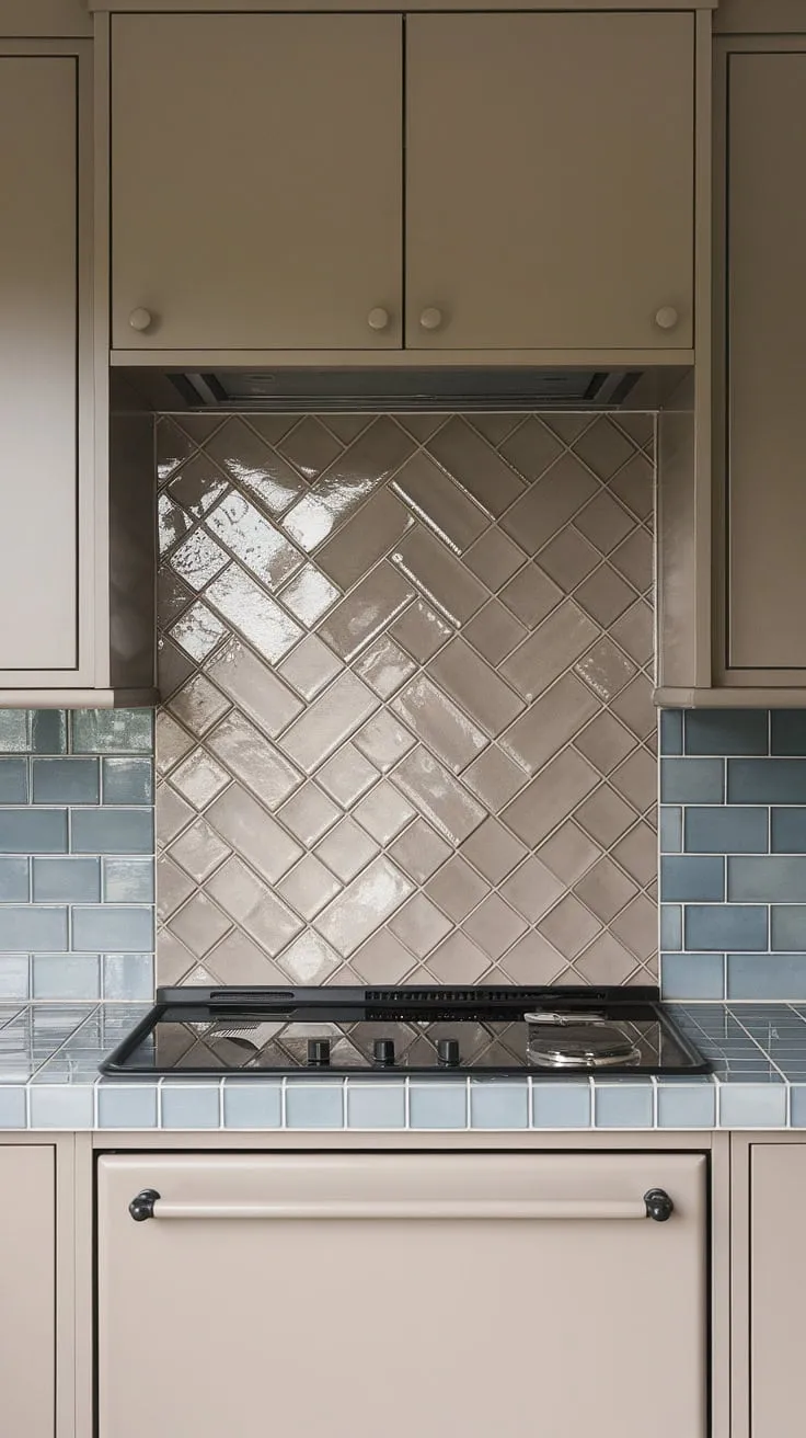 This neutral kitchen backsplash is a showstopper. The textured tile backsplash, featuring a glossy herringbone pattern in taupe square tiles, creates a stunning focal point.  The modern design is further enhanced by the matching taupe cabinet backsplash, the simple stove backsplash, and the unexpected pop of blue tile backsplash above the stove, all set against a clean white kitchen tile backsplash.