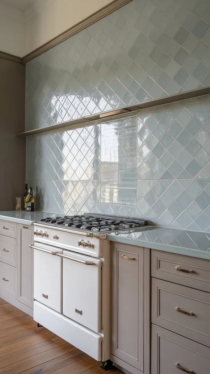 A neutral kitchen backsplash doesn't have to be boring! This taupe cabinet backsplash is beautifully complemented by a modern neutral kitchen backsplash featuring a textured tile backsplash in a glossy herringbone pattern. The white kitchen tile backsplash above the stove, and the blue tile backsplash extending to the ceiling, add a touch of unexpected elegance.  The square tile backsplash is the perfect finishing touch to this stunning space.