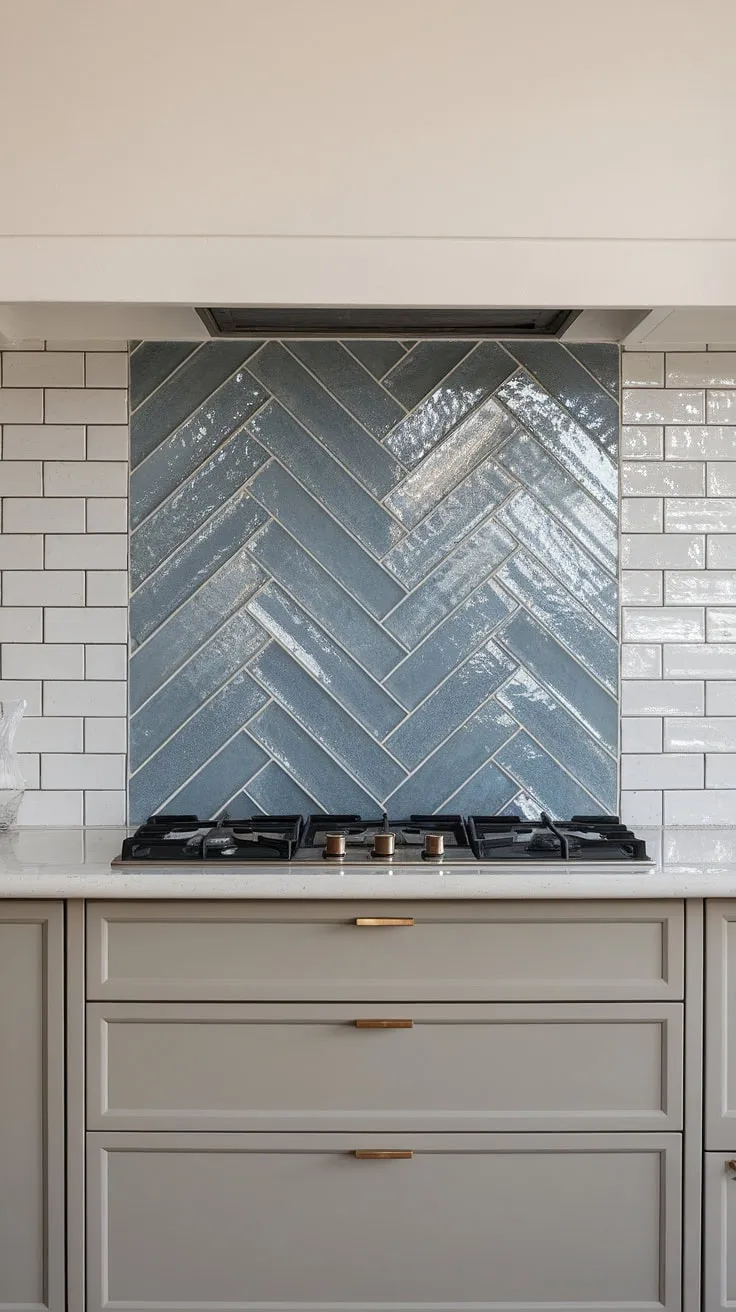 The taupe cabinet backsplash provides a sophisticated backdrop for the stunning modern neutral kitchen backsplash.  A glossy herringbone backsplash of textured blue tile adds a touch of unexpected elegance, while the simple stove backsplash of white kitchen tile maintains a clean, minimalist aesthetic. The square tile backsplash and pantry backsplash (if applicable) complete this beautifully balanced design.