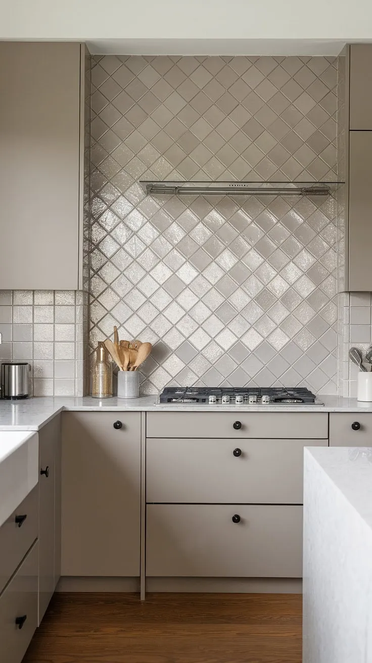 This neutral kitchen backsplash is a masterpiece of understated elegance. The textured tile backsplash, featuring a glossy herringbone pattern in taupe and white square tiles, adds depth and sophistication.  The taupe cabinet backsplash seamlessly integrates with the design, while the white kitchen island provides a crisp counterpoint.  The simple stove backsplash and the overall modern design create a calming and functional space.  The pantry backsplash continues the beautiful herringbone pattern, showcasing the cohesive design throughout the kitchen.