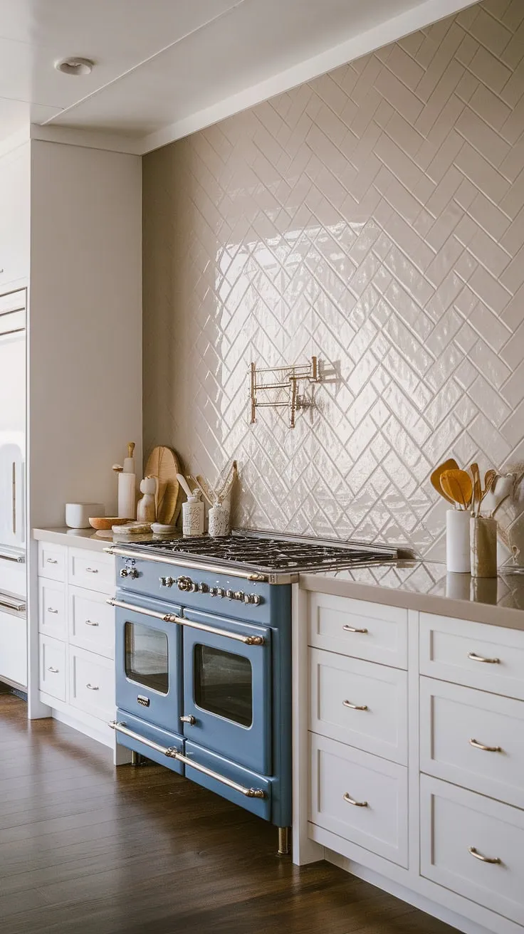 This modern neutral kitchen finds its focal point in a stunning taupe cabinet backsplash. The glossy herringbone pattern of the square tile backsplash adds texture and sophistication, a perfect complement to the white kitchen tile backsplash and the simple stove backsplash.  The pantry backsplash continues the design, creating a cohesive and elegant look.
