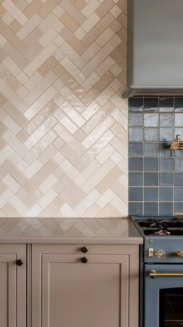 A sophisticated blend of textures and tones defines this kitchen's design. The neutral kitchen backsplash features a show-stopping glossy herringbone backsplash of square, textured tile, seamlessly transitioning from beige and white to a striking blue tile backsplash near the stove. The taupe cabinet backsplash provides a calming backdrop, while the simple stove backsplash and the white kitchen tile backsplash add subtle elegance.  This modern neutral kitchen backsplash is the perfect example of understated luxury.
