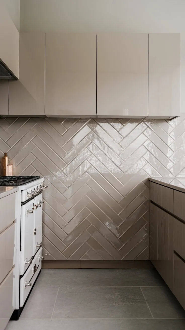 This modern neutral kitchen boasts a stunning glossy herringbone backsplash, crafted from textured taupe square tiles.  The subtle sheen complements the taupe cabinets and white stove, creating a sophisticated and simple stove backsplash.  The pantry backsplash continues the elegant design, showcasing the beauty of this neutral kitchen backsplash.  A touch of blue tile elsewhere in the kitchen would add a delightful pop of color.
