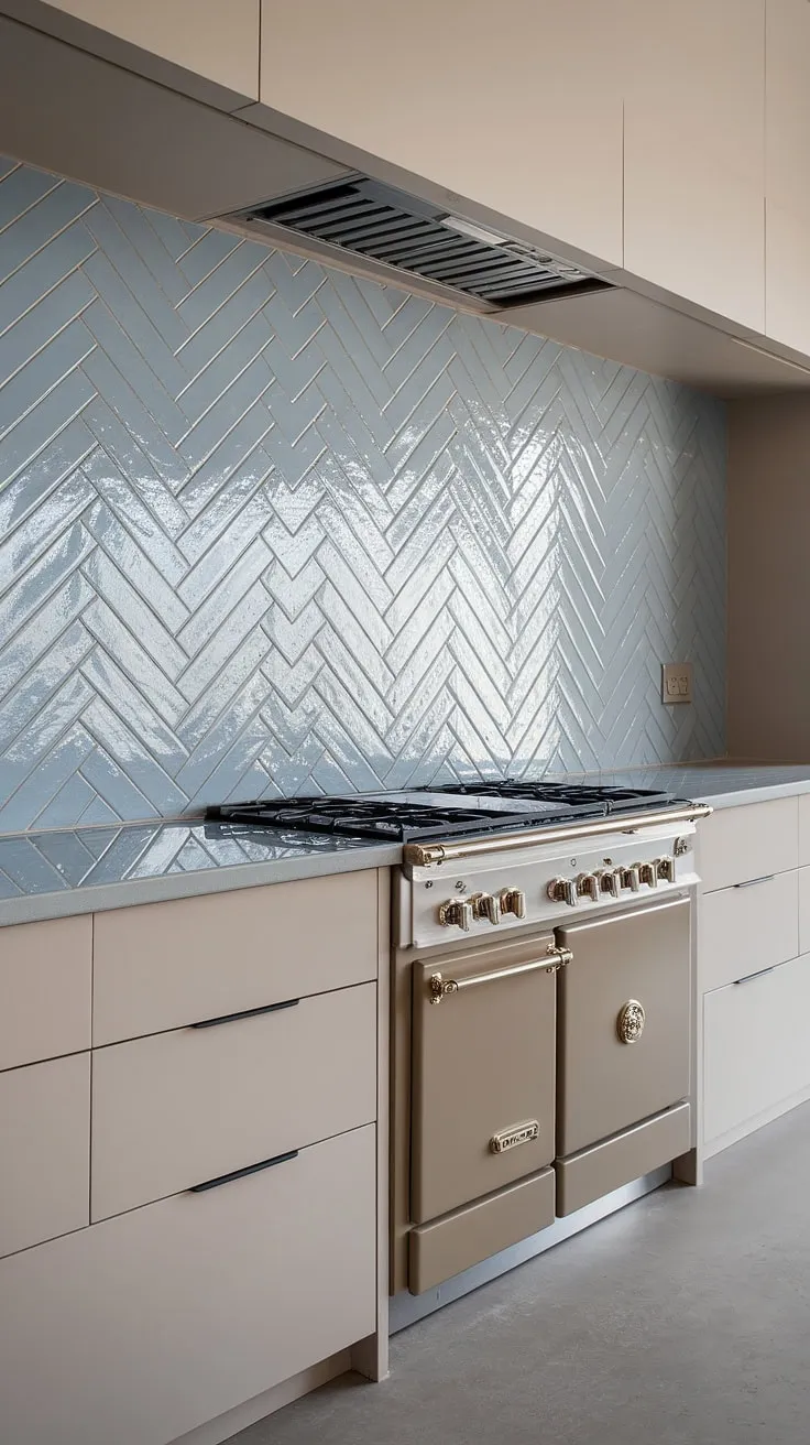 This neutral kitchen backsplash is a showstopper. The modern neutral kitchen design is elevated by the glossy herringbone backsplash of blue tile, a textured tile backsplash that adds depth and dimension.  The simple stove backsplash, framed by taupe cabinets, contrasts beautifully with the white kitchen and the square tile backsplash.  A perfect example of how a modern kitchen backsplash can transform a space.