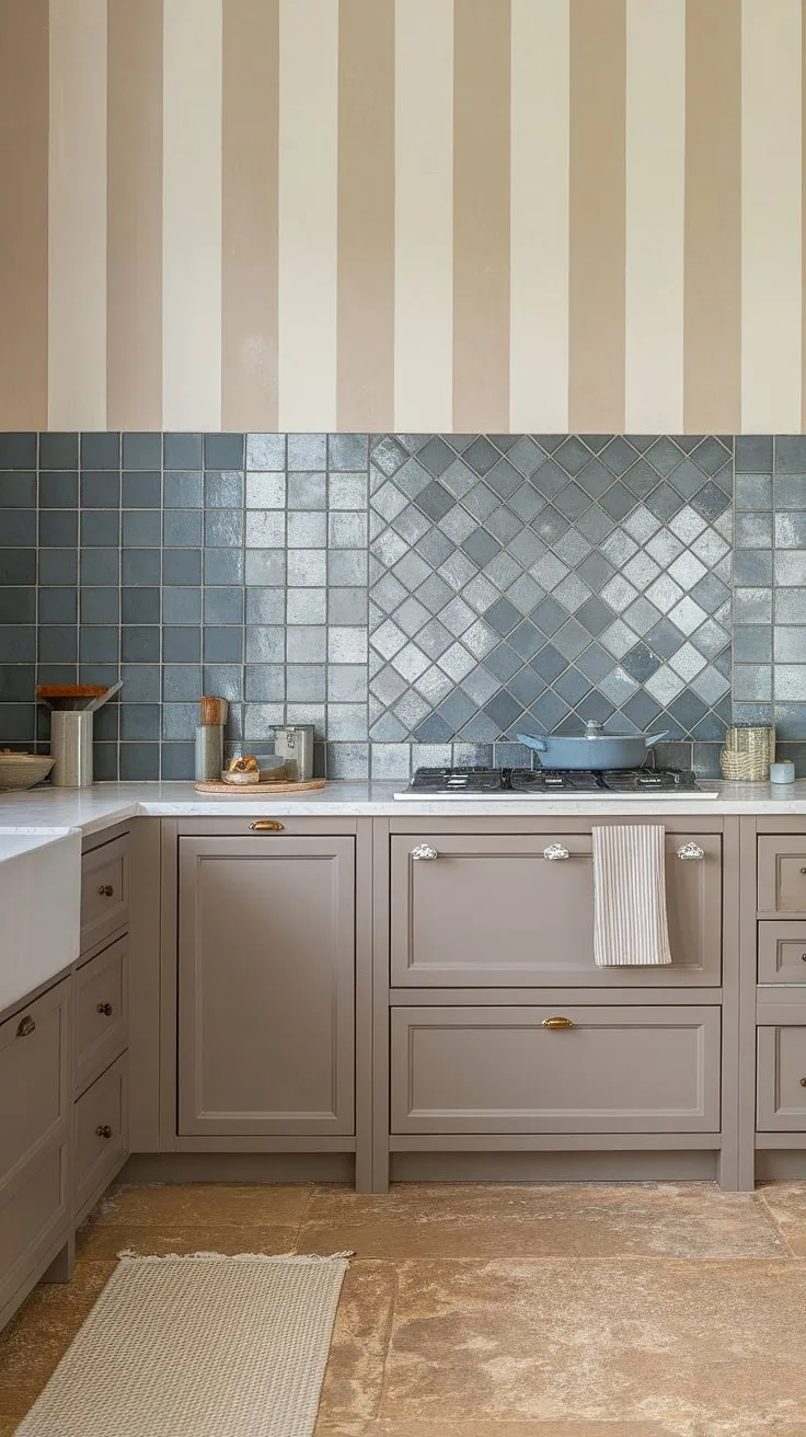 This modern neutral kitchen backsplash, featuring a glossy herringbone pattern of blue square tiles, adds a touch of unexpected vibrancy to the taupe cabinet backsplash and white countertop. The simple stove backsplash complements the overall design, while the textured tile backsplash on the floor grounds the space.  The pantry backsplash could easily continue this stunning blue and white kitchen tile backsplash.
