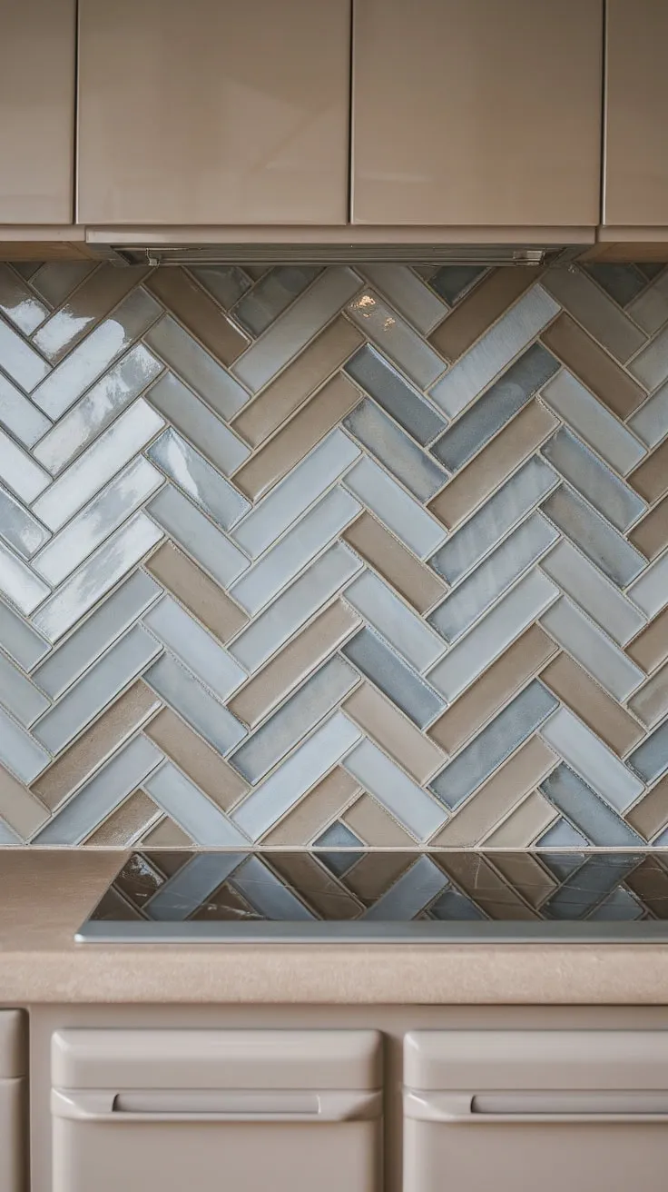 The glossy herringbone backsplash, a stunning blend of taupe and blue square tiles, elevates this modern neutral kitchen.  The textured tile backsplash adds depth and visual interest, perfectly complementing the taupe cabinet backsplash above the simple stove backsplash.  A touch of white kitchen tile backsplash would have been nice, but this pantry backsplash is a showstopper.