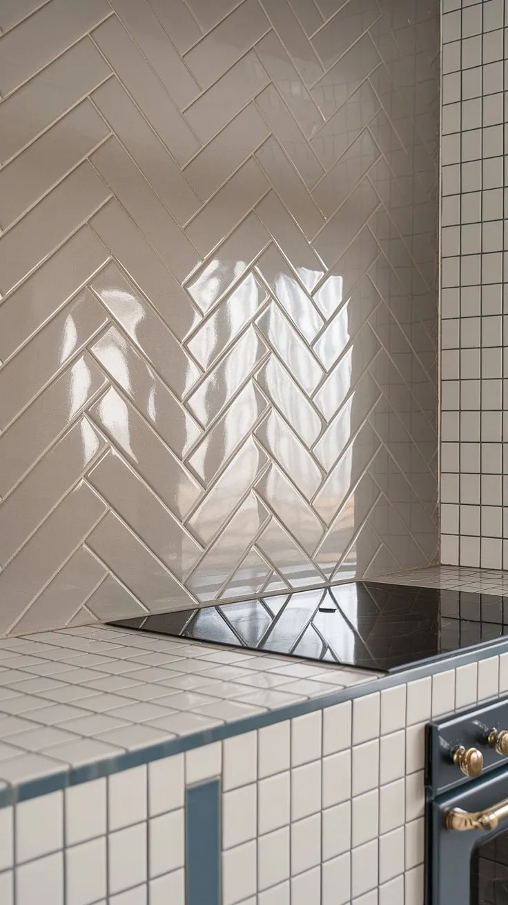 This modern neutral kitchen boasts a stunning glossy herringbone backsplash of taupe textured square tile, a sophisticated choice that elevates the simple stove and white kitchen tile backsplash.  The subtle blue tile accents add a touch of unexpected elegance, making this pantry backsplash a true focal point.