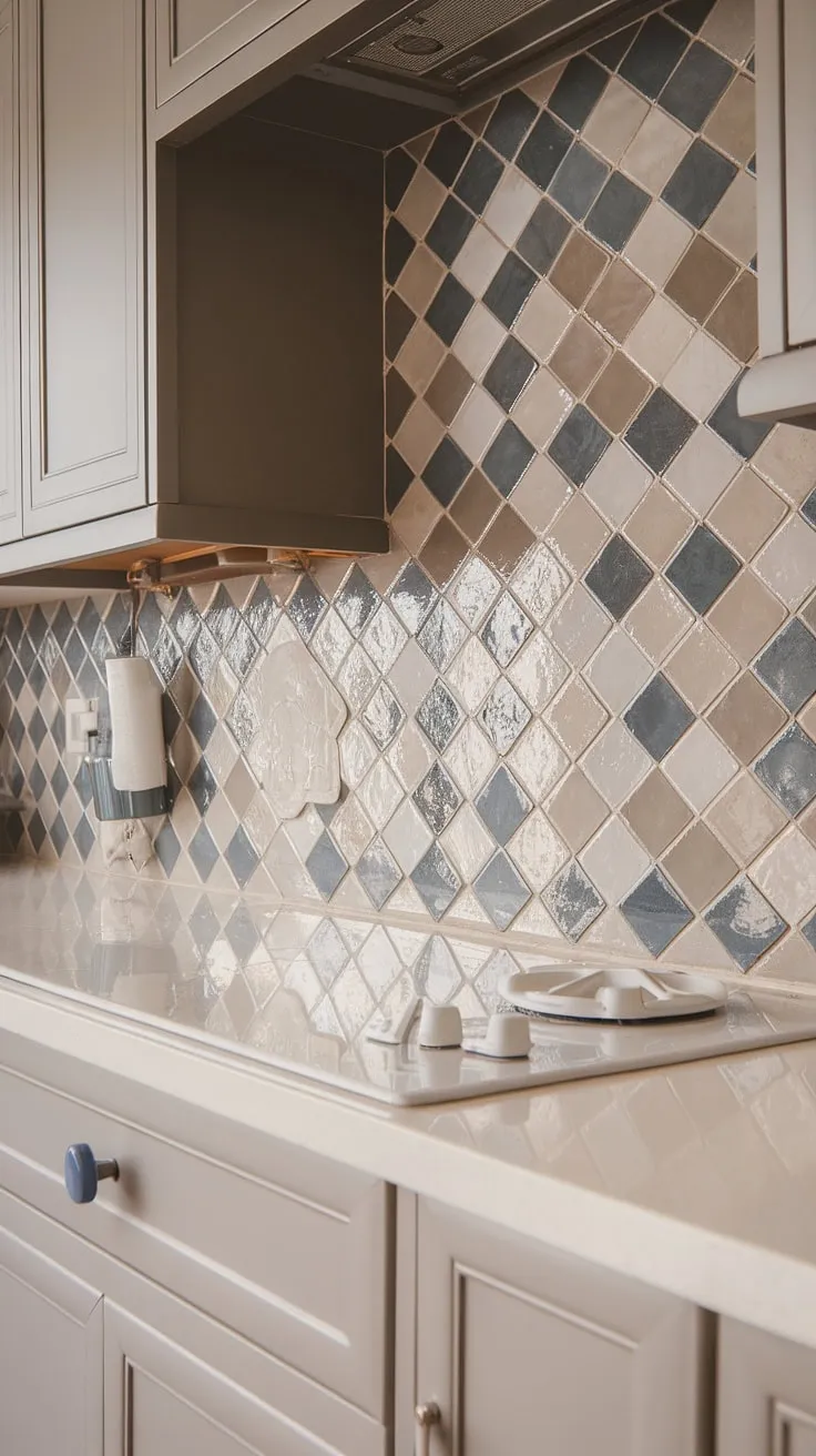 This neutral kitchen backsplash is a dream. The textured tile backsplash, a show-stopping glossy herringbone pattern in taupe and blue square tiles, adds depth and character.  The taupe cabinet backsplash perfectly anchors the design, while the white countertops and simple stove backsplash maintain a clean, modern aesthetic.  A truly inspiring example of a modern neutral kitchen backsplash and a beautiful pantry backsplash solution.