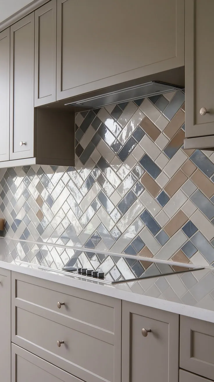 This neutral kitchen backsplash is a masterclass in minimalist design. The textured tile backsplash, a captivating mix of blue and taupe square tiles in a glossy herringbone pattern, beautifully complements the taupe cabinet backsplash and white kitchen tile backsplash.  The simple stove backsplash is a perfect example of how a small detail can make a big impact in a modern kitchen.  The white kitchen tile backsplash and the pantry backsplash maintain the clean lines of this stunning space.