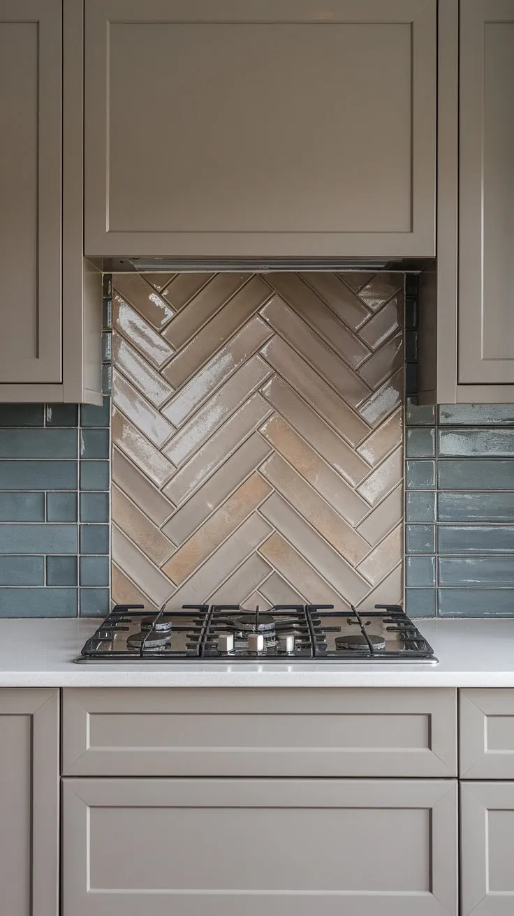 This modern neutral kitchen boasts a stunning textured tile backsplash, showcasing a glossy herringbone pattern in square tiles of beige and grey.  The taupe cabinet backsplash complements the white kitchen tile backsplash beautifully, while a simple stove backsplash in blue adds a touch of unexpected color. The pantry backsplash continues the neutral theme, creating a cohesive and sophisticated look.