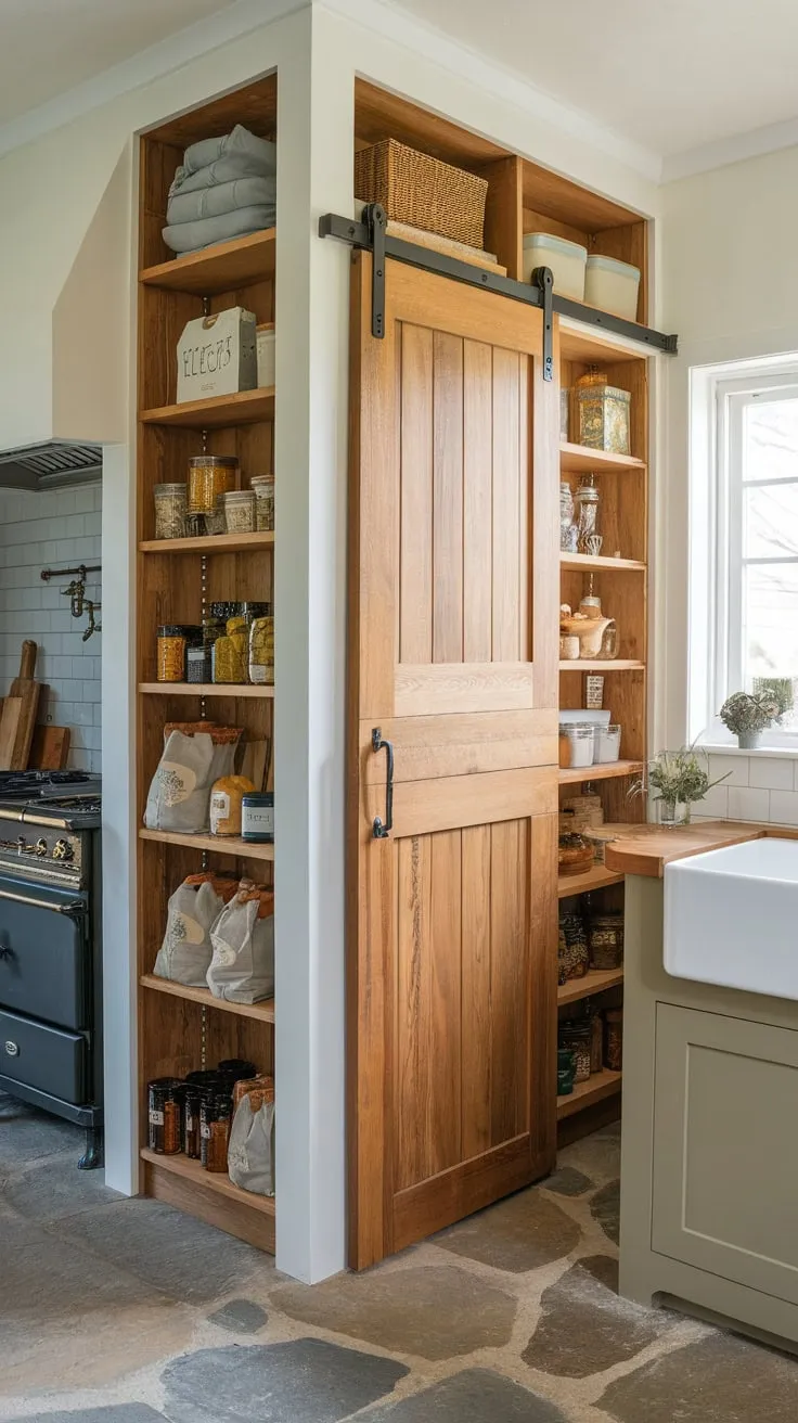 A rustic farmhouse kitchen features a sliding wood pantry barn door nestled between brimming shelves, enhancing both style and functionality.