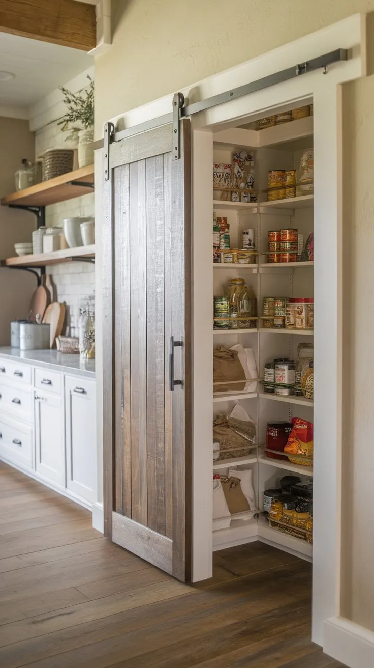 A rustic farmhouse kitchen's charming sliding wood pantry door reveals a well-stocked interior