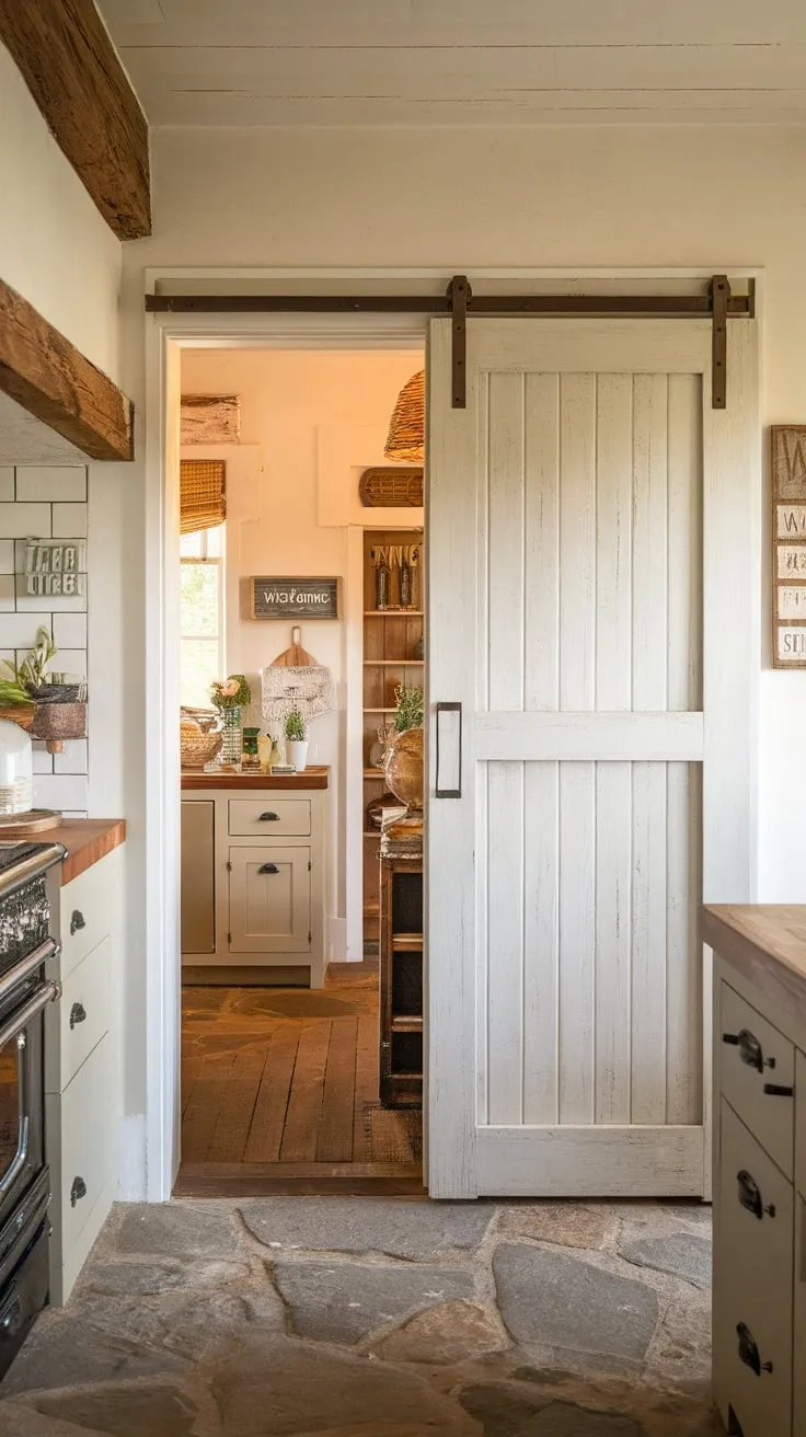 Warm lighting illuminates a welcoming kitchen where a worn white wood pantry door gracefully separates the cooking area from the living space.