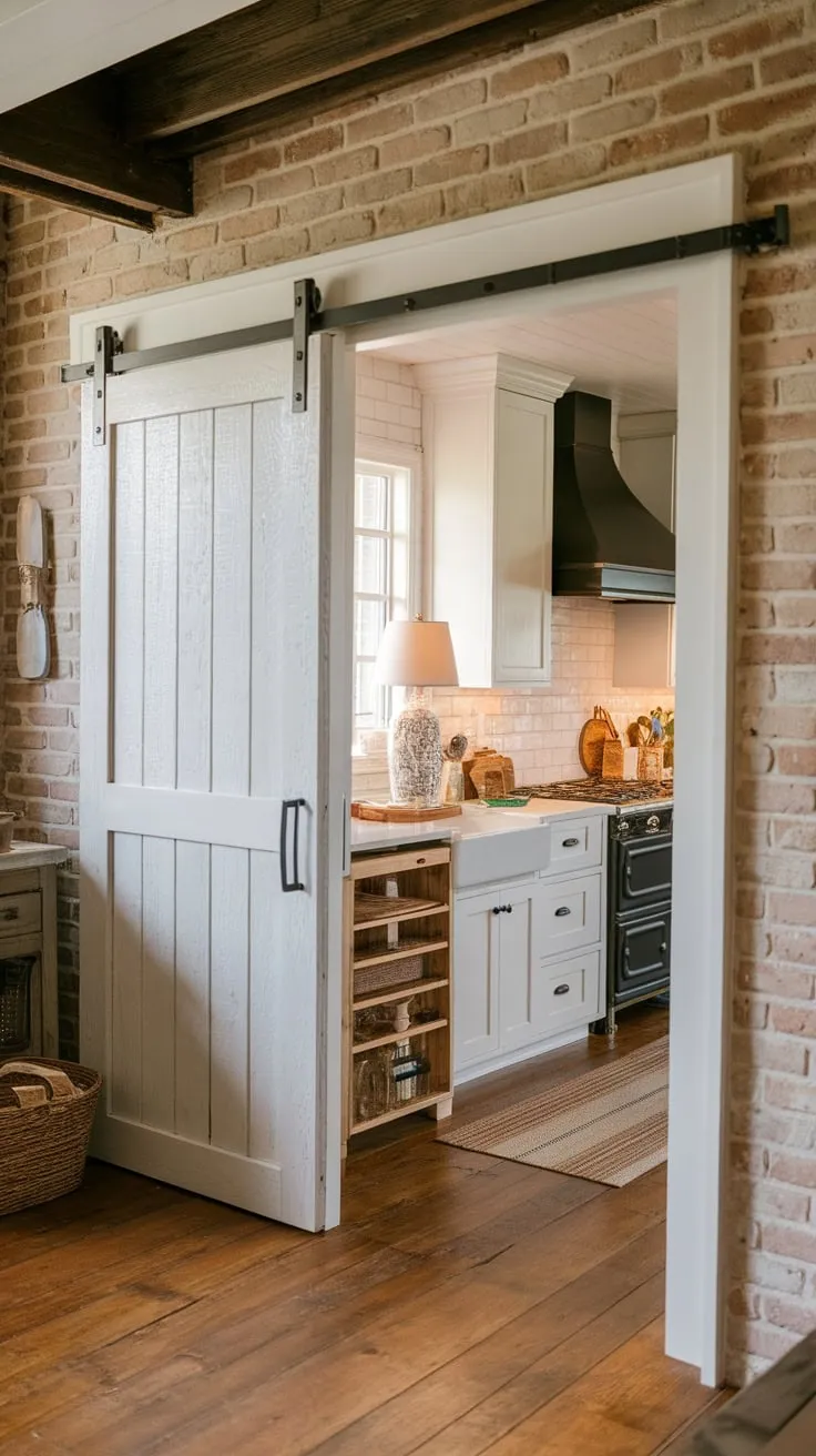 A whitewashed wood pantry barn door adds rustic charm and functionality to a farmhouse kitchen's brick wall.