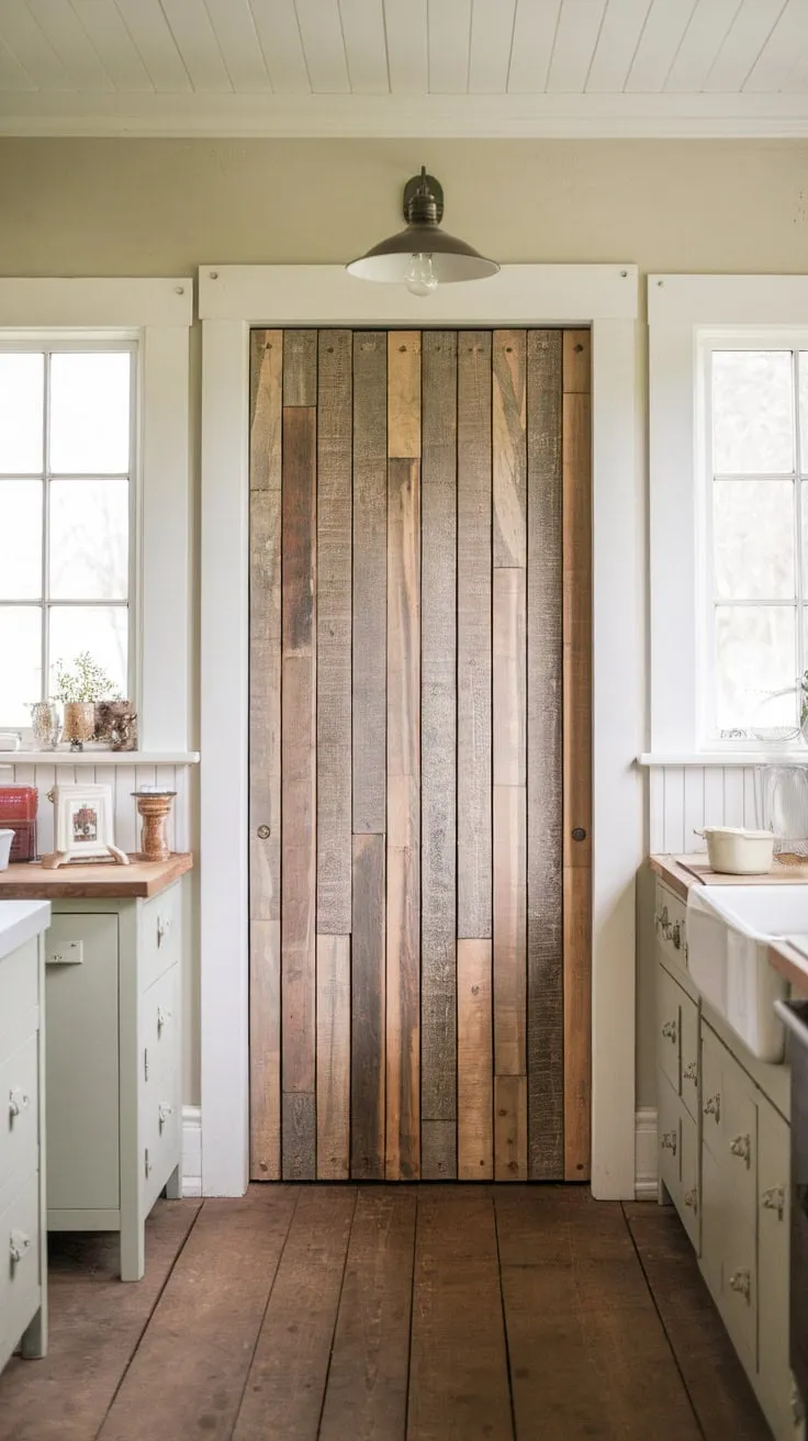 Rustic wood planks create a charming pantry barn door, the centerpiece of a vintage farmhouse kitchen.