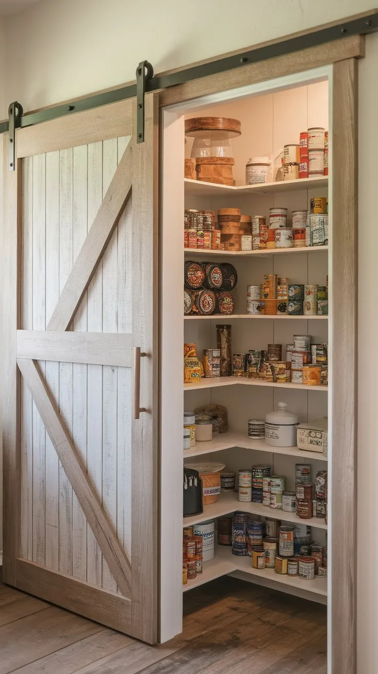 A rustic weathered wood barn door elegantly conceals a farmhouse pantry brimming with canned goods and kitchen essentials