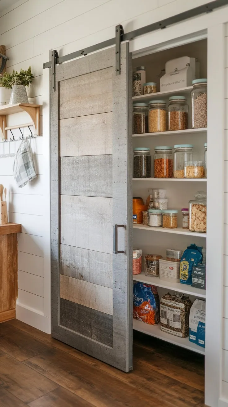 A rustic farmhouse kitchen's sliding wood-plank pantry door reveals a neatly organized interior brimming with food supplies