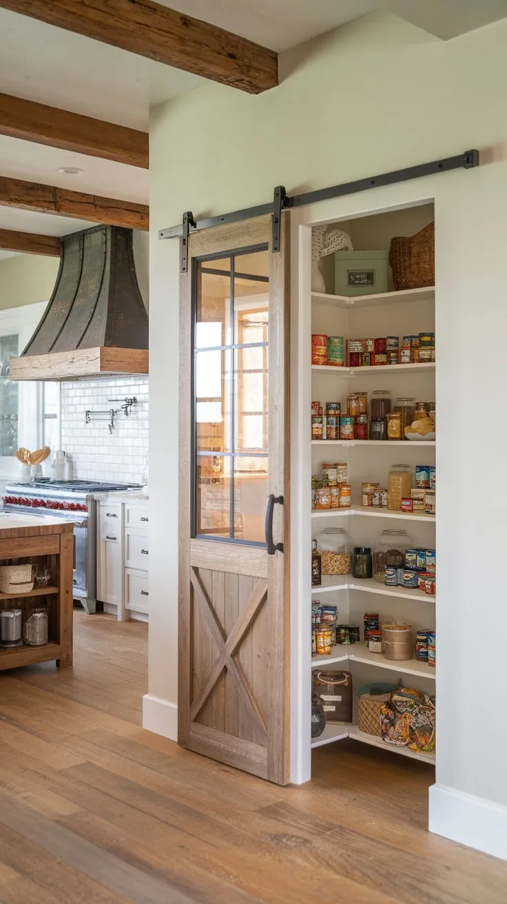 A rustic farmhouse kitchen's charming built-in pantry, showcased by a glass-paneled barn door, reveals a well-stocked interior.