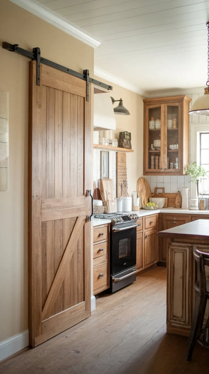 A rustic farmhouse kitchen's charm is amplified by a wood-paneled sliding barn door concealing a built-in pantry