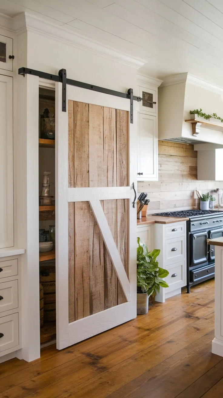 Rustic barn wood accents a sleek white pantry door in a farmhouse kitchen, creating a stylish blend of old and new.