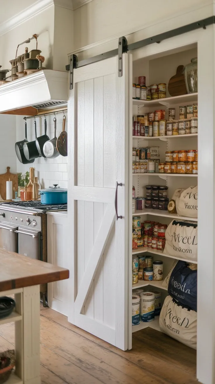 A whitewashed barn door elegantly conceals a spacious, organized pantry in a rustic farmhouse kitchen.