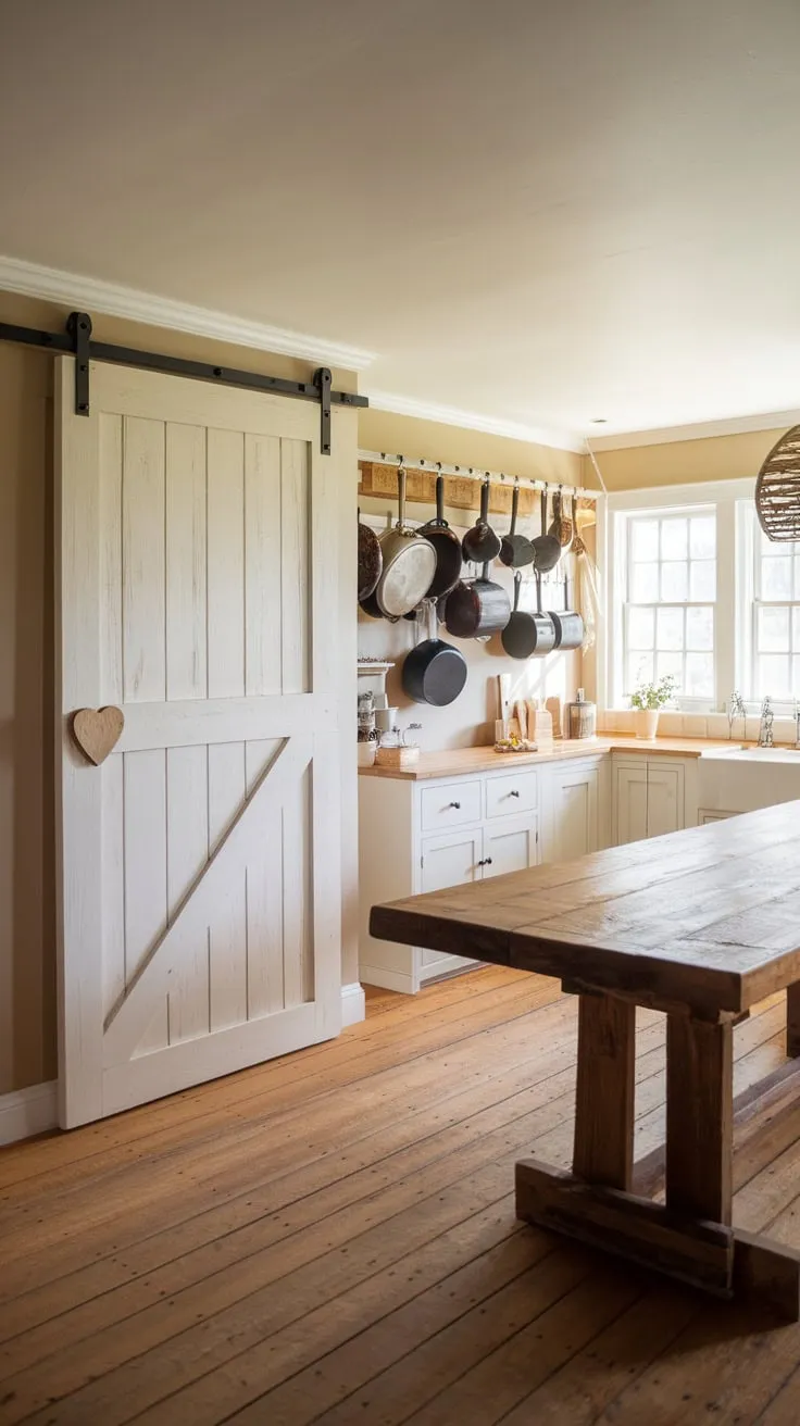 A charming farmhouse kitchen features a white, heart-knobbed pantry barn door sliding smoothly against beige walls, complementing the rustic wooden table and floors