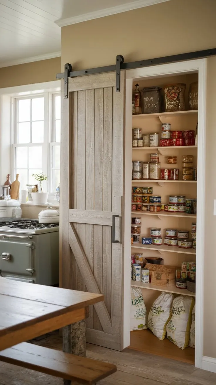 A rustic wooden barn door conceals a farmhouse pantry brimming with preserved goods, adding vintage charm to the kitchen.