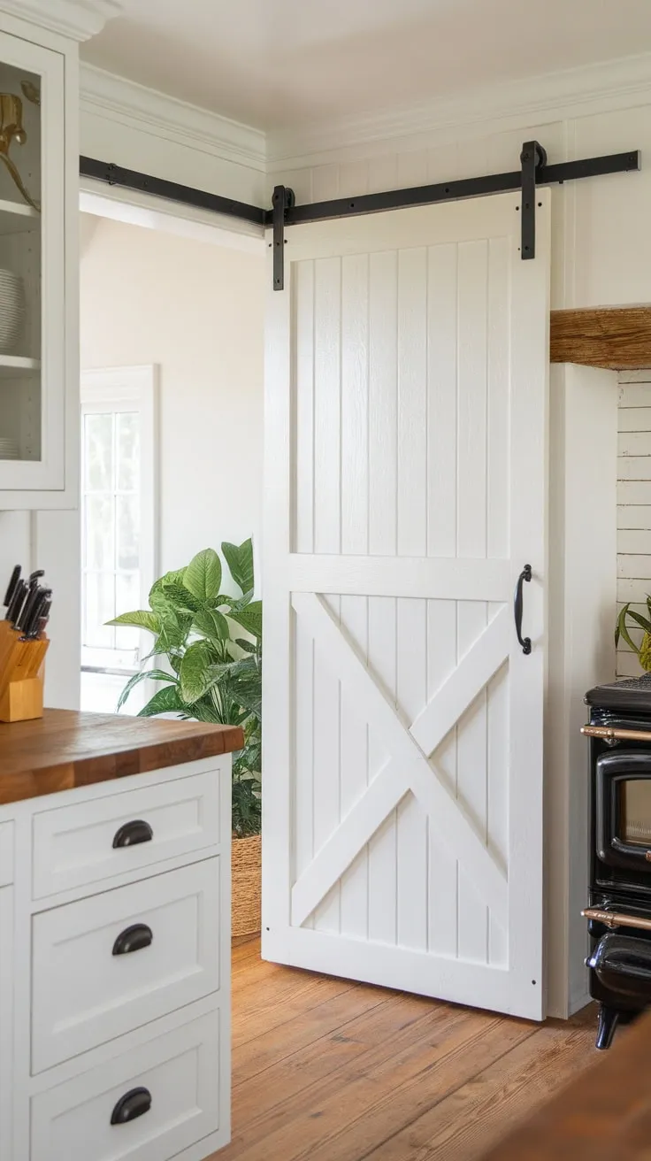 A rustic wood-floored kitchen is accented by a white barn door pantry, black hardware, and a touch of greenery.