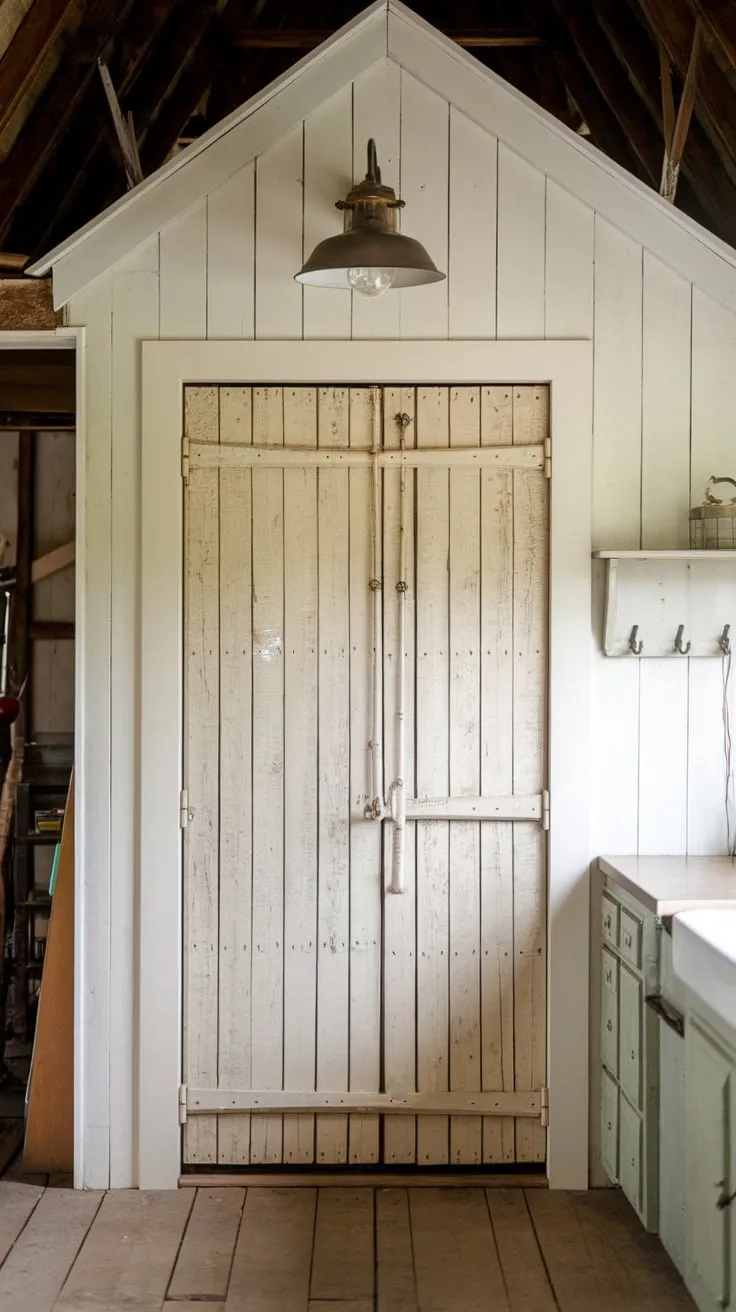 A weathered white pantry barn door, showcasing rustic charm, anchors a farmhouse kitchen's barn-like aesthetic.