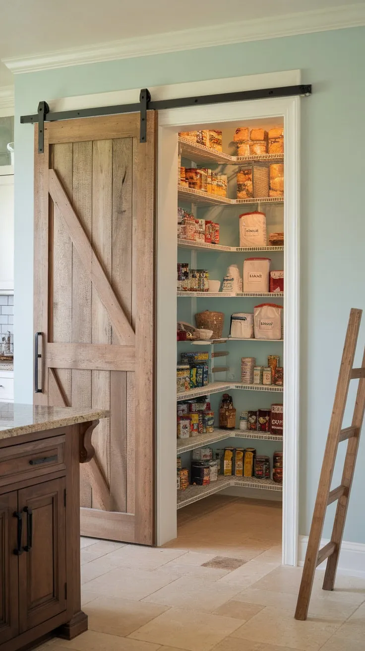 A rustic barn-wood pantry door swings open to reveal a charmingly organized farmhouse pantry, inviting warmth and practicality into the kitchen.