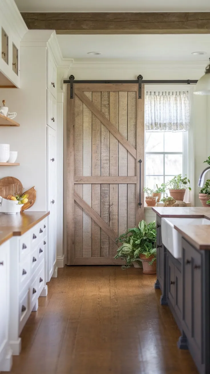 A farmhouse kitchen's rustic charm is enhanced by a wood-grained pantry barn door, complementing white cabinets and a sunny window.