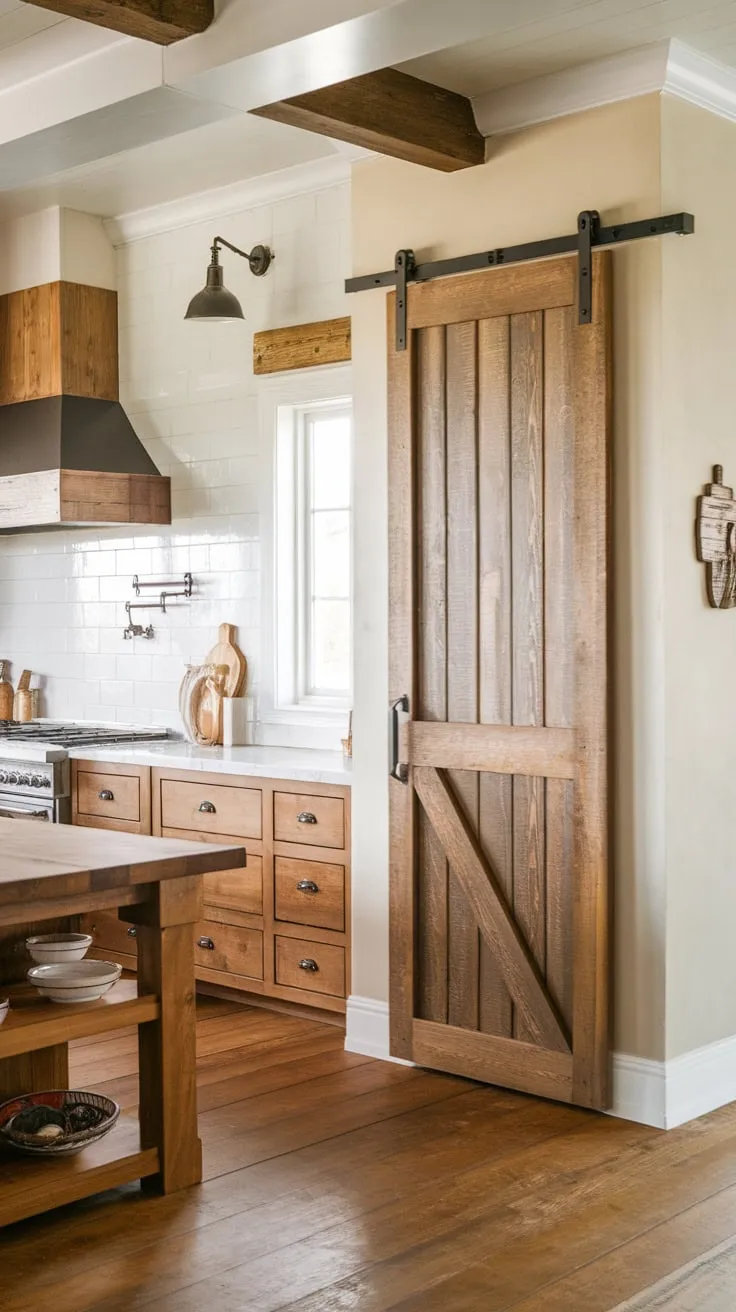 Warmth and rustic charm fill a farmhouse kitchen, perfectly complemented by a wooden barn door pantry.