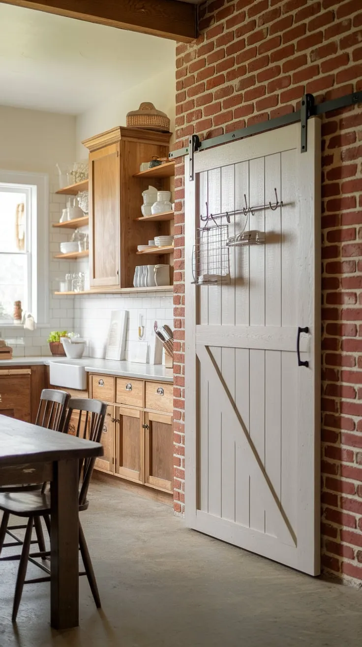 A white wood pantry barn door with hanging hooks slides smoothly, enhancing the farmhouse kitchen's concrete floor and rustic charm.
