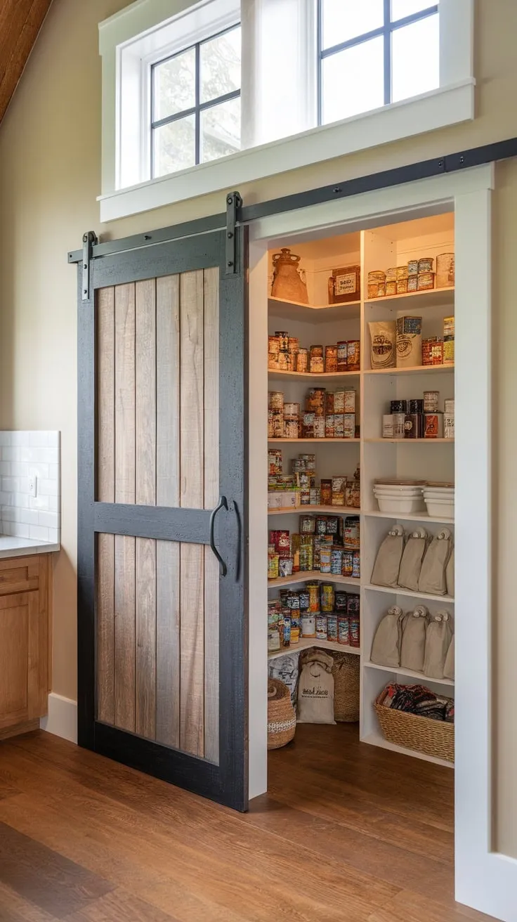 A rustic black-framed barn door reveals a sunlit farmhouse pantry brimming with organized goods.
