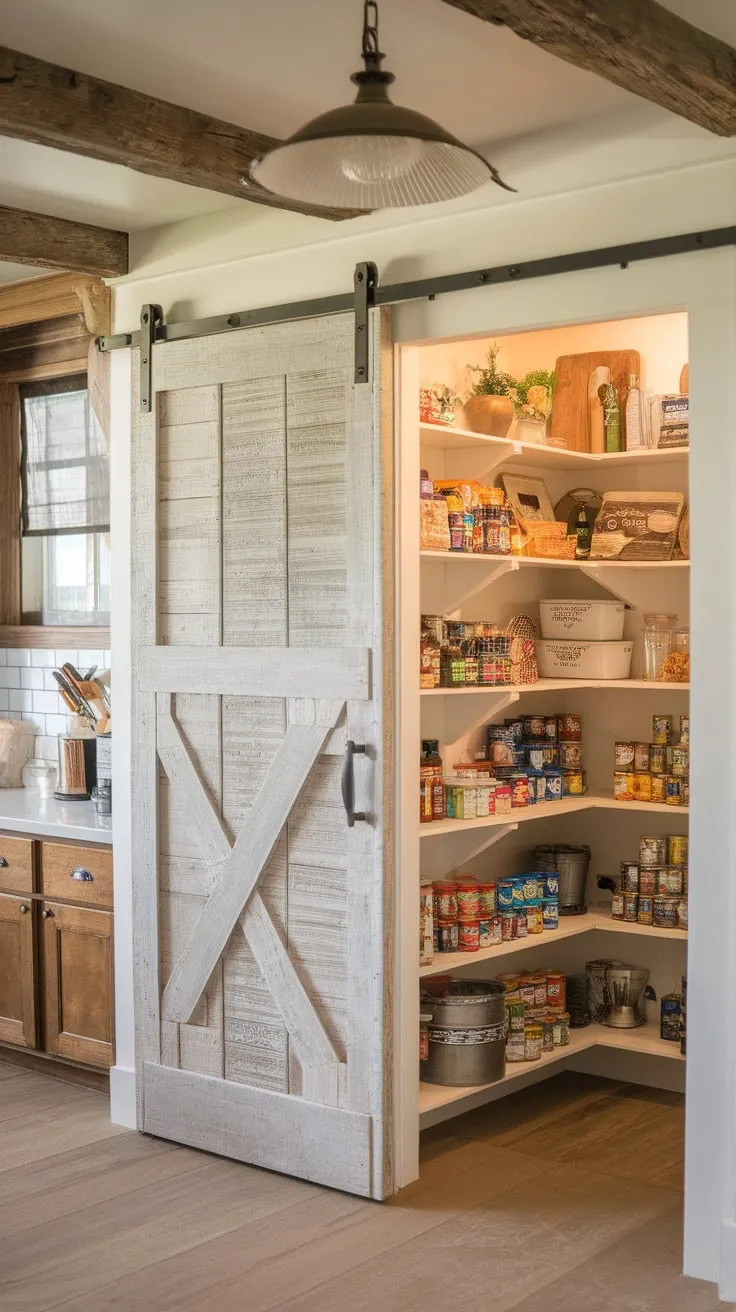 A charming farmhouse kitchen features a whitewashed barn door concealing a well-stocked pantry, enhancing its rustic appeal.